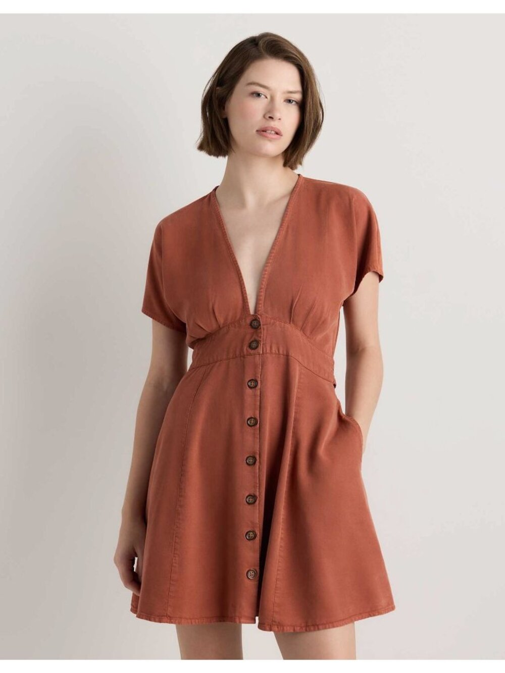 Quince Vintage Wash Tencel Button Front Dress Terrecotta Orange Large